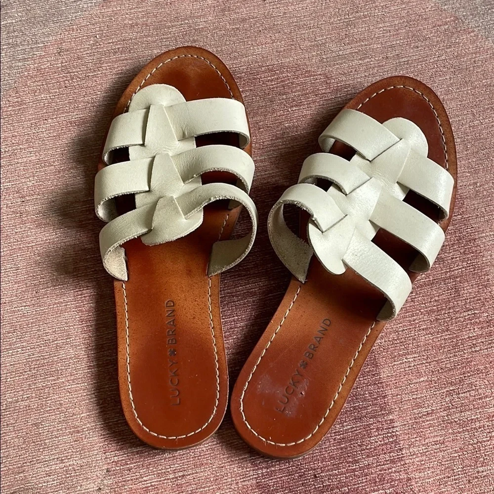 Lucky Brand Aisha Cream Woven Boho Leather Slide Sandals